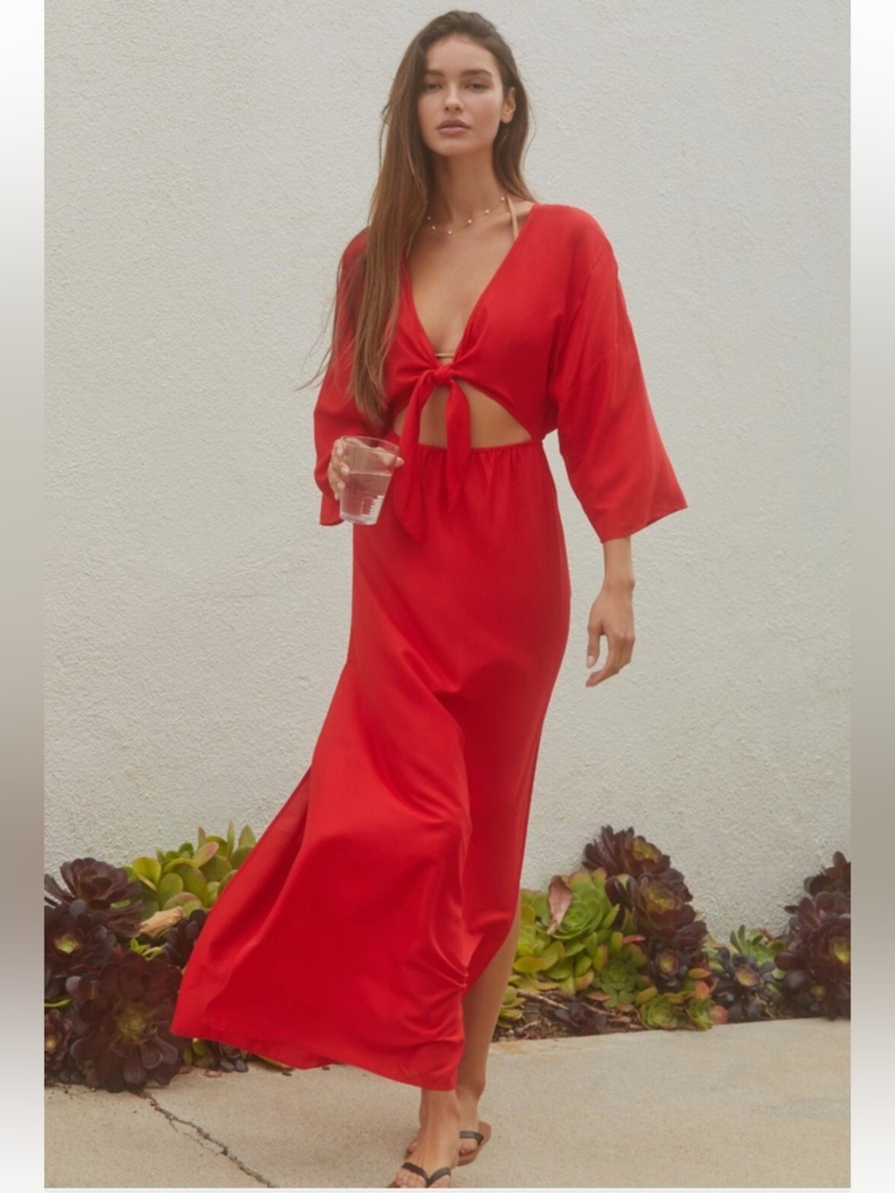 By Anthropologie Tie-Front Cover-Up Dress V Neck Red Long Slit Midi size S NWT